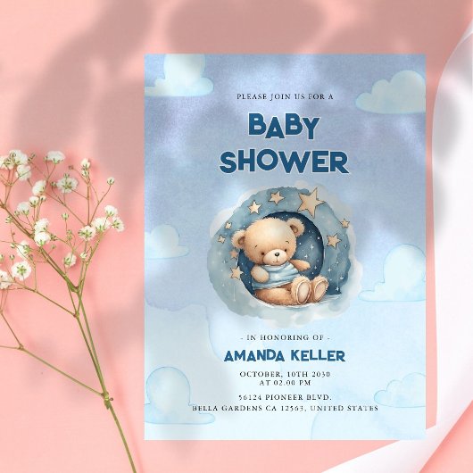 ブルーナイトスカイベビーベアシャワー招待状 招待状