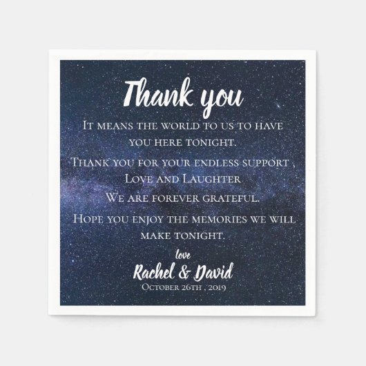 ブルーナイトスカイ結婚の感謝メッセージ スタンダードカクテルナプキン (正面)