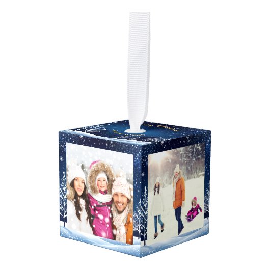 ブルーナイトスカイ降雪メリークリスマス キューブオーナメント (正面アングル)