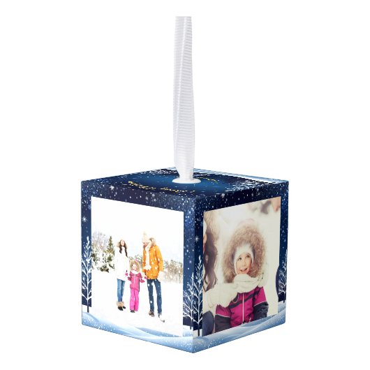ブルーナイトスカイ降雪メリークリスマス キューブオーナメント (裏面アングル)