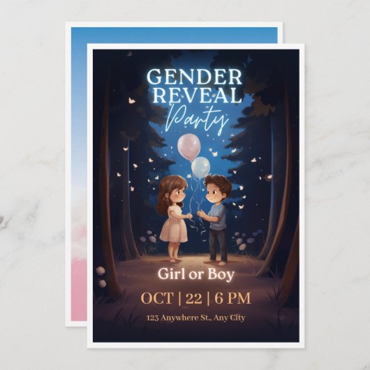 ブルーナイトフェアリー物語ジェンダーリビール招待状 招待状 (正面/裏面)