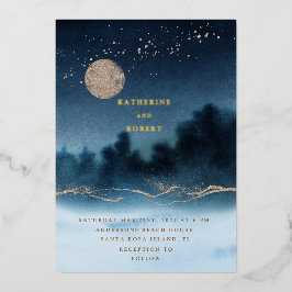 ブルーナイト水彩風景結婚ズ 箔招待状