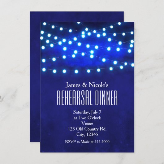 ブルーナイト素朴ストリングライトリハーサルディナー 招待状 (正面/裏面)