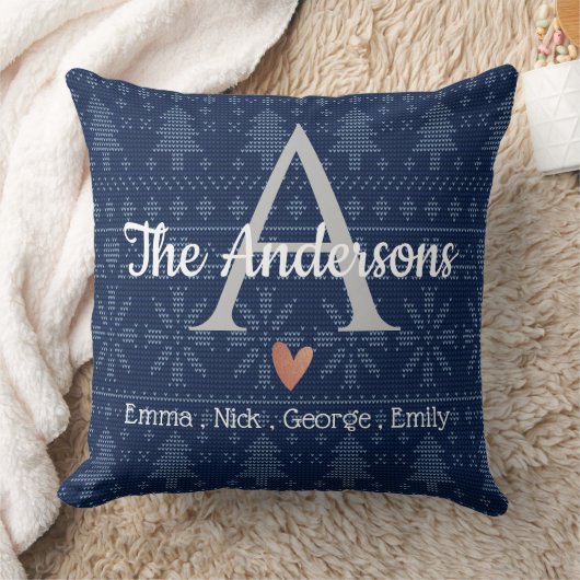ブルーニットエレガントパターンファミリー名モノグラム クッション (ブランケット)