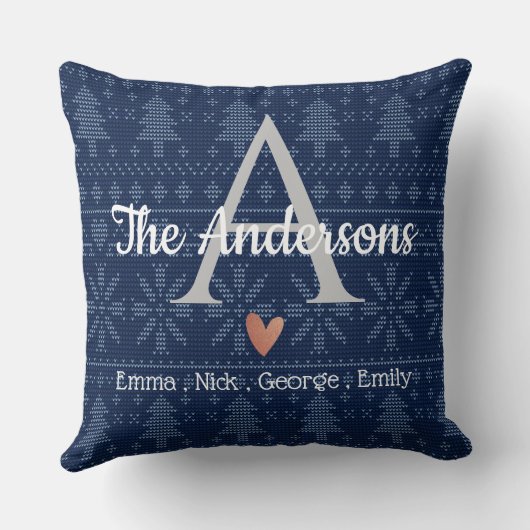 ブルーニットエレガントパターンファミリー名モノグラム クッション (裏面)