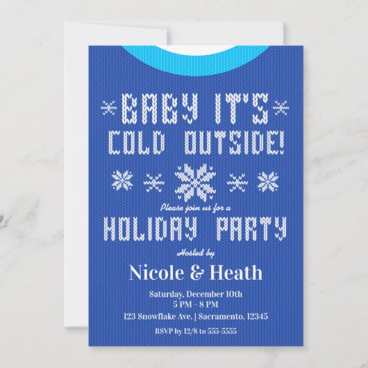 ブルーニットセーター クリスマスパーティーの必需品 Baby It's Cold Outside 招待状 (正面)