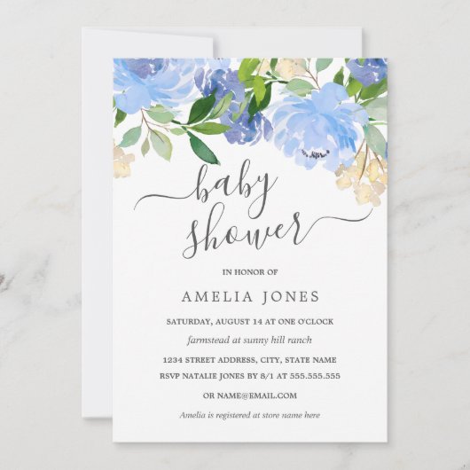 ブルーネイビーウォーター色フローラベビーシャワー 招待状 (正面)