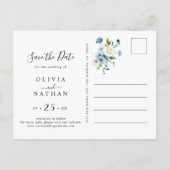 ブルーネイビーエレガントかわいいフローラアイボリー日付を保存 インビテーションポストカード (裏面)