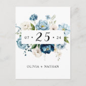 ブルーネイビーエレガントかわいいフローラアイボリー日付を保存 インビテーションポストカード (正面)