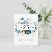 ブルーネイビーエレガントかわいいフローラアイボリー日付を保存 インビテーションポストカード (スタンド正面)