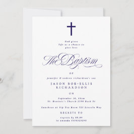 ブルーネイビーエレガントクロスボーイバプテスマ招待状 招待状