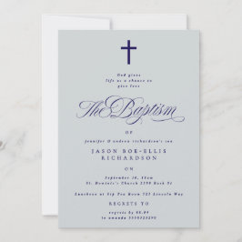 ブルーネイビーエレガントクロスボーイバプテスマ招待状 招待状