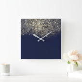 ブルーネイビーグリッター紙吹雪セピア金ゴールド スクエア壁時計 (ホーム)