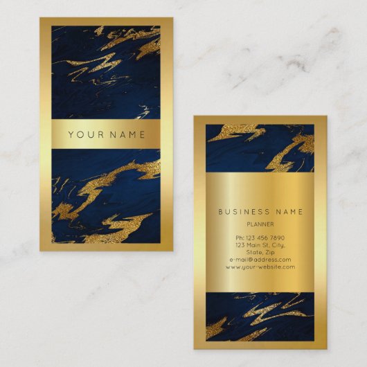 ブルーネイビーゴールデンフレーム大理石抽象芸術垂直3 名刺 (正面/裏面)