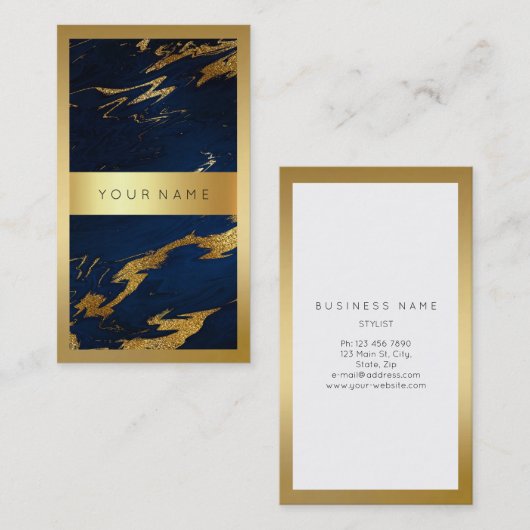 ブルーネイビーゴールデンフレーム大理石VIP垂直 名刺 (正面/裏面)