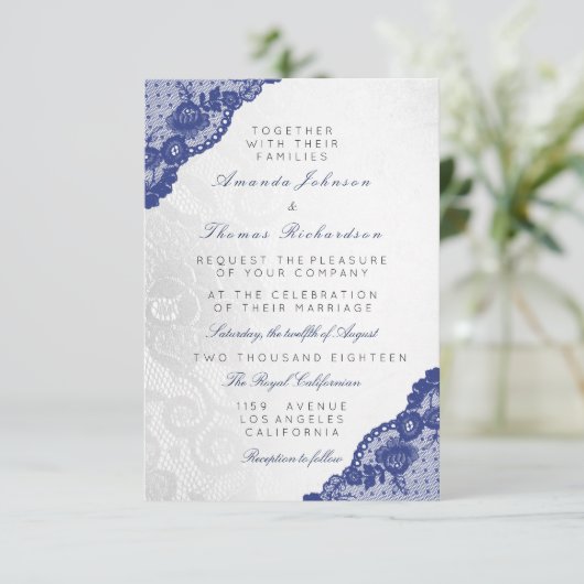 ブルーネイビーシルバーグレー結婚レースの繊細さ 招待状 (スタンド正面)