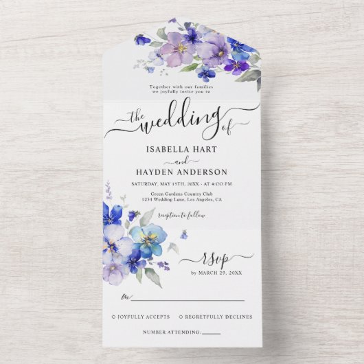 ブルーネイビーパープルラベンダーフローラウェディングRSVP オールインワン招待状 (内側)