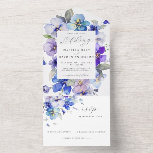 ブルーネイビーパープルヴィオラパンシーフローラウェディングRSVP オールインワン招待状 (内側)