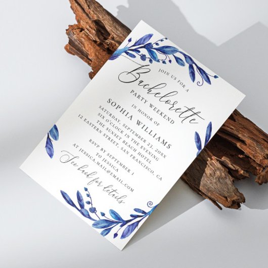 ブルーネイビーフローラスクリプトバチェロレッテ週末 招待状