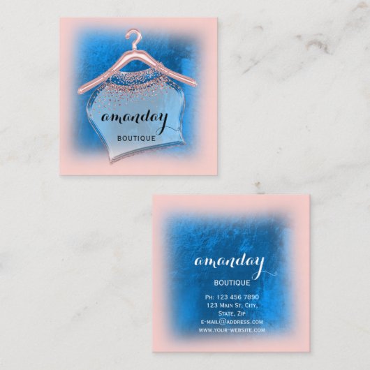ブルーネイビーブティックファッションショップバラ布ハンガー スクエア名刺 (正面/裏面)