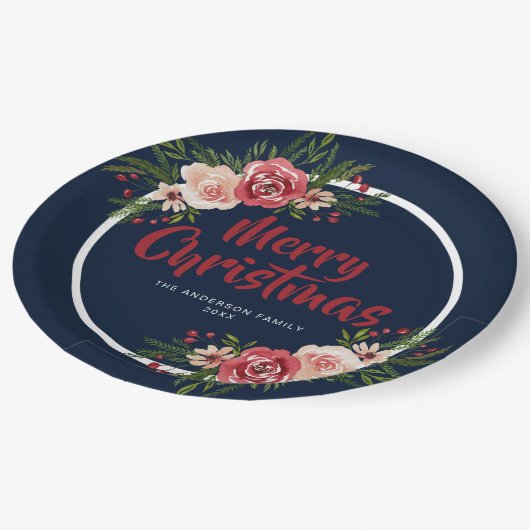 ブルーネイビーブルーウォーター色の花クリスマス ペーパープレート (アングル)