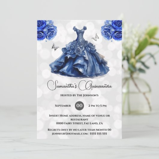 ブルーネイビープリンセスキンセアニラのボールガウンバラ 招待状 (スタンド正面)