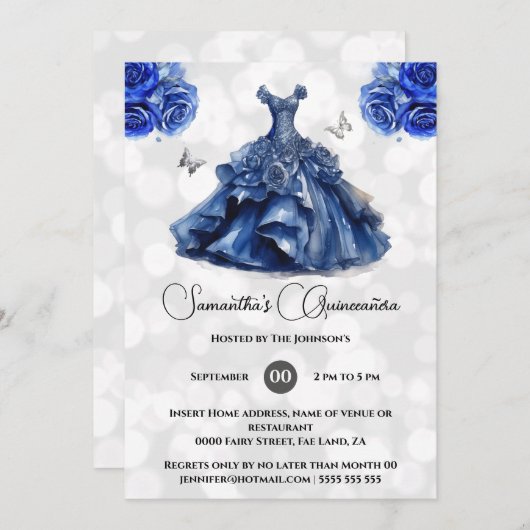 ブルーネイビープリンセスキンセアニラのボールガウンバラ 招待状 (正面/裏面)