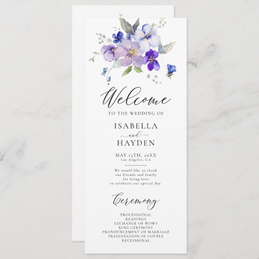 ブルーネイビーラベンダー薄紫素朴フローラ結婚ズ プログラム (正面/裏面)