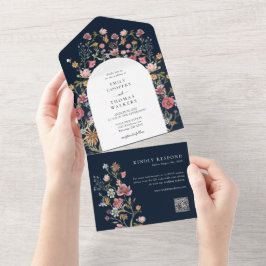 ブルーネイビーワイルドフラワーオールインワンウェディング オールインワン招待状