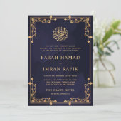 ブルーネイビーヴィンテージ縁ど金ゴールドムスリム結婚ズ 招待状 (スタンド正面)