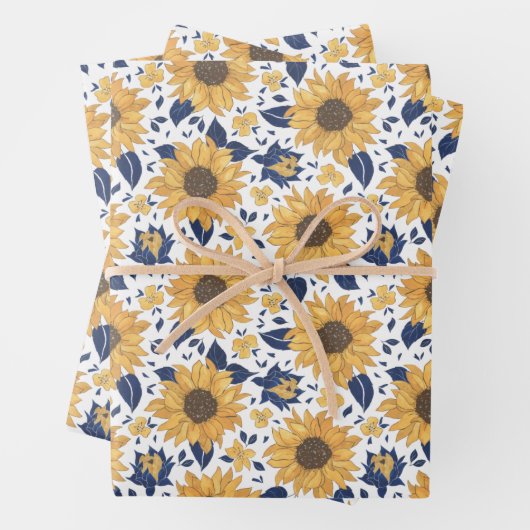 ブルーネイビー付き黄色のひまわり葉の花 ラッピングペーパーシート (インサイチュ)