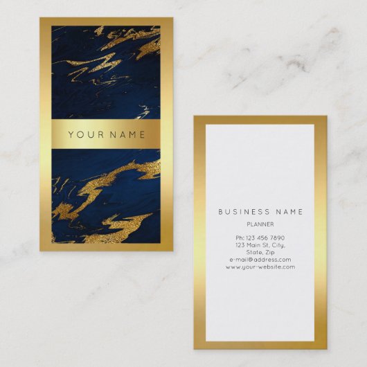ブルーネイビー明るい金ゴールドフレーム大理石メタル垂直 名刺 (正面/裏面)