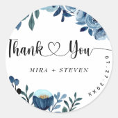 ブルーネイビー水色フローラ結婚の感謝していユー ラウンドシール (正面)