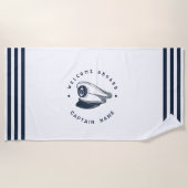 ブルーネイビー航海のいかりヨットクラブボートセーリング ビーチタオル (正面)