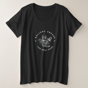 ブルーネイビー航海のいかりヨットクラブレトロなタコ プラスサイズTシャツ