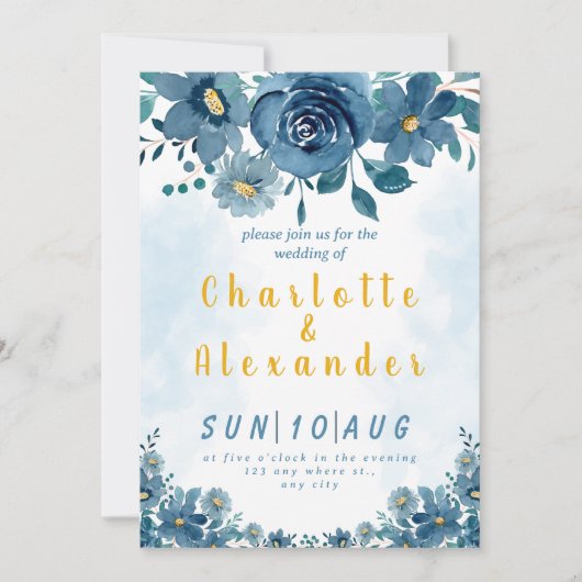 ブルーネイビー花煙の背景結婚の 招待状 (正面)