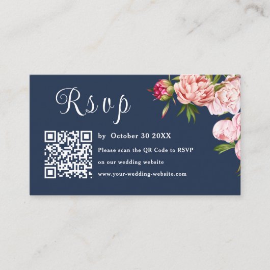 ブルーネイビー赤面ピンクフォトRsvp Qrコード結婚ズ エンクロージャーカード (正面)