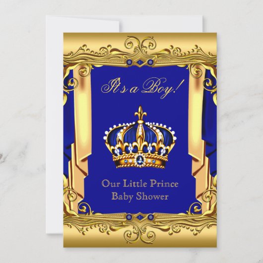 ブルーネイビ王室のー金ゴールドクラウンベビーシャワー 招待状 (正面)