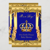 ブルーネイビ王室のー金ゴールドクラウンベビーシャワー 招待状 (正面/裏面)