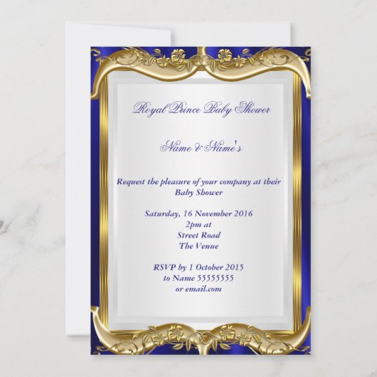 ブルーネイビ王室のー金ゴールドプリンスベビーシャワーエスニック 招待状 (裏面)