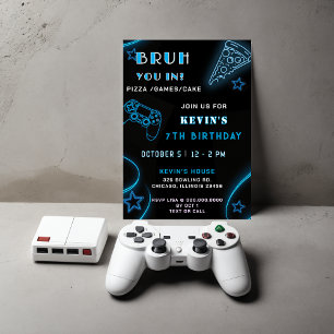 ブルーネオングローピザゲームズブルー誕生日 招待状