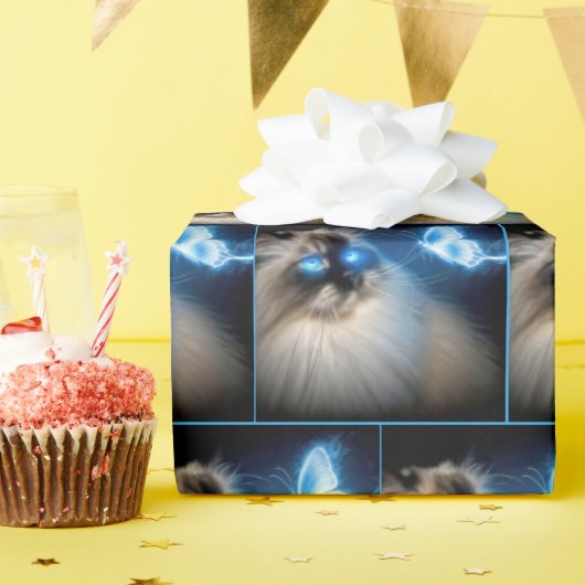 ブルーネオンバタフライのラグドール猫 ラッピングペーパー (誕生日パーティー)