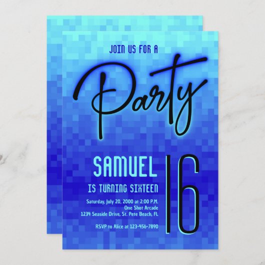 ブルーネオンピクセル10代の誕生日 招待状 (正面/裏面)