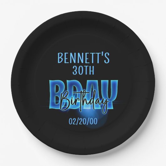 ブルーネオン誕生日 ペーパープレート (正面)