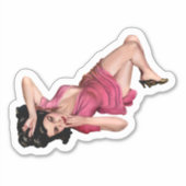 ブルーネットピンクドレスの女の子ヴィンテージアート シール (正面)