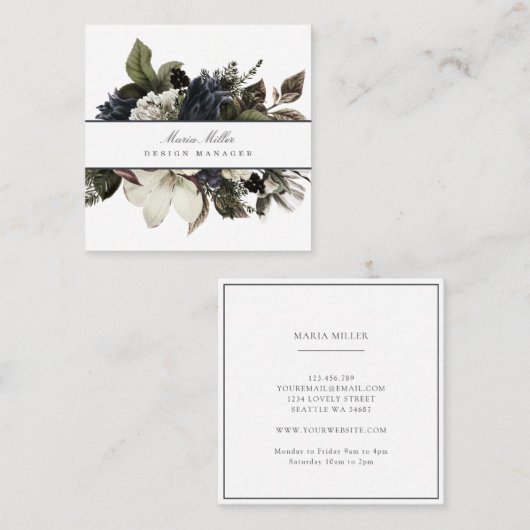 ブルーネービー&ホワイトクリスマスシーズン冬フローラ スクエア名刺 (正面/裏面)