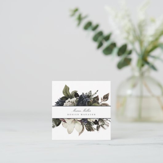 ブルーネービー&ホワイトクリスマスシーズン冬フローラ スクエア名刺 (スタンド正面)