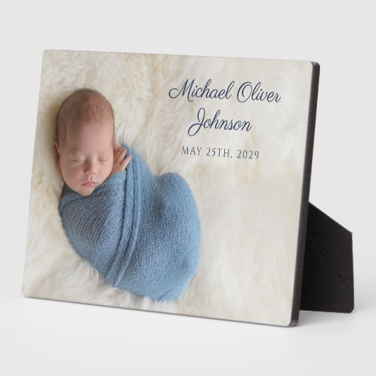 ブルーネーム誕生日付スクリプトベビー写真 フォトプラーク (側面)