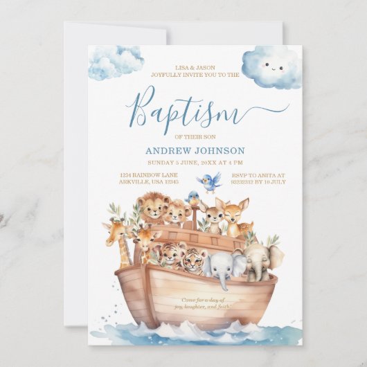 ブルーノアの箱舟かわいい動物の水彩洗礼 招待状 (正面)