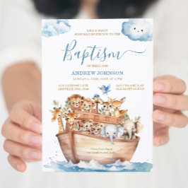 ブルーノアの箱舟かわいい動物の水彩洗礼 招待状